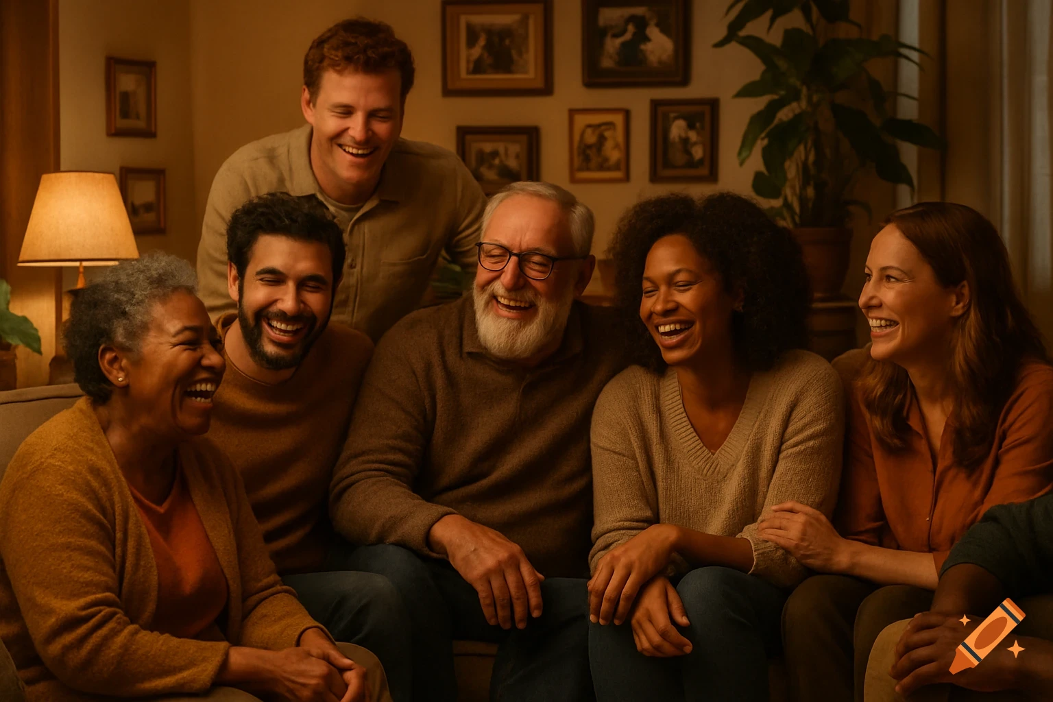 A diverse group of six family members of different ages laugh together in a cozy living room, photorealistic style.