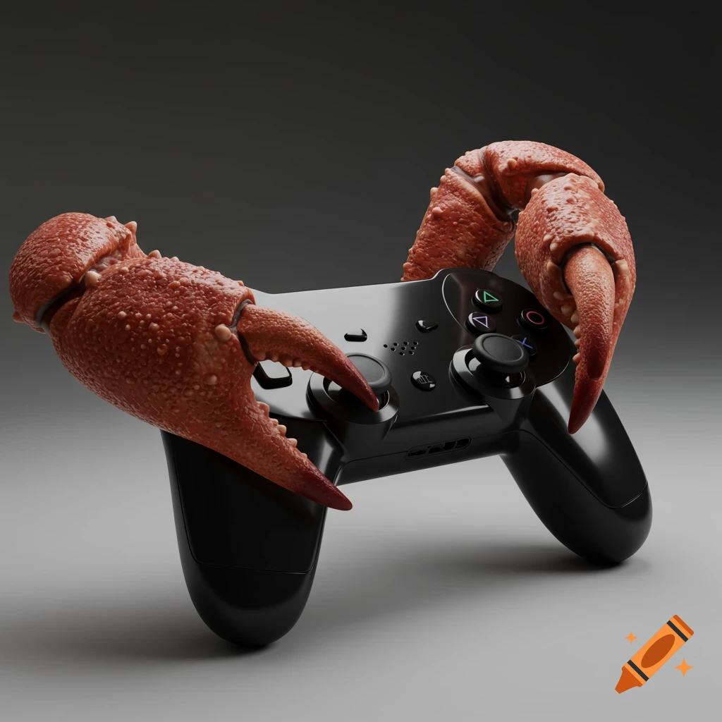 Photorealistic image of two red crab claws gripping a black video game controller on a dark background.