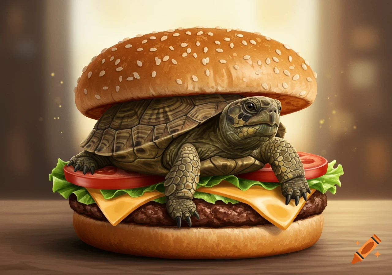 A photorealistic turtle with its shell as a burger patty, surrounded by bun, cheese, lettuce, and tomato.