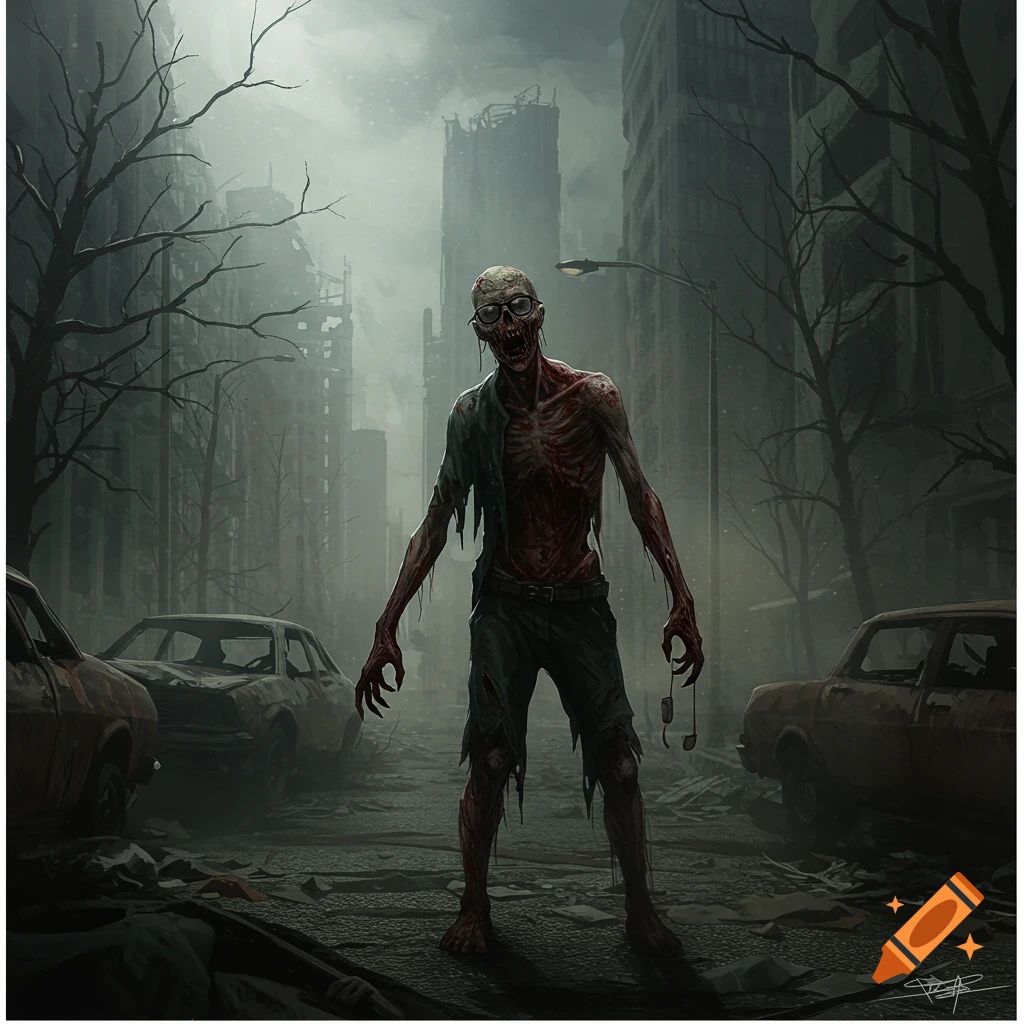 A terrifying zombie with exposed flesh and tattered clothes stands in a ruined, foggy city street, with abandoned cars.