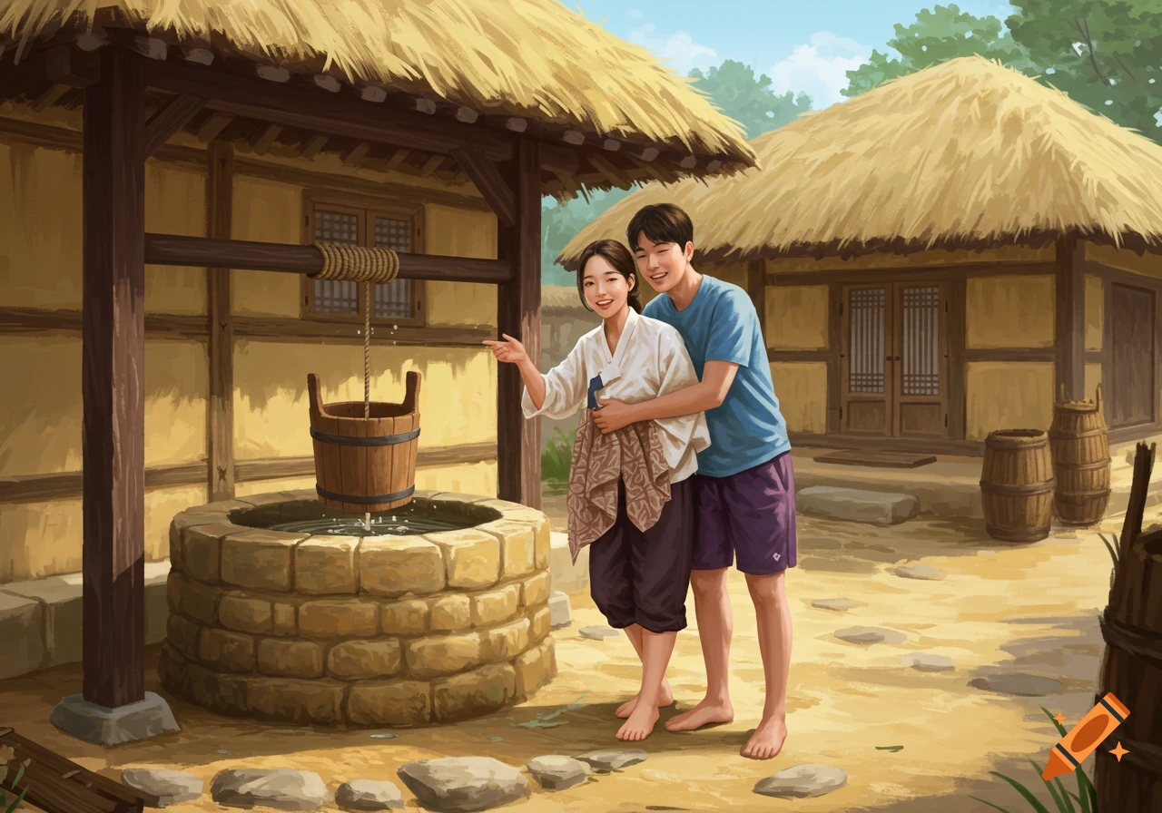 A smiling couple at a traditional Korean well in a painted rural scene with thatched-roof houses.
