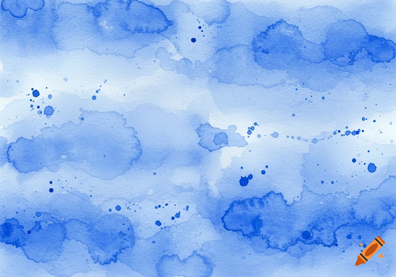 Abstract watercolor painting with various shades of blue brushstrokes and splatters.