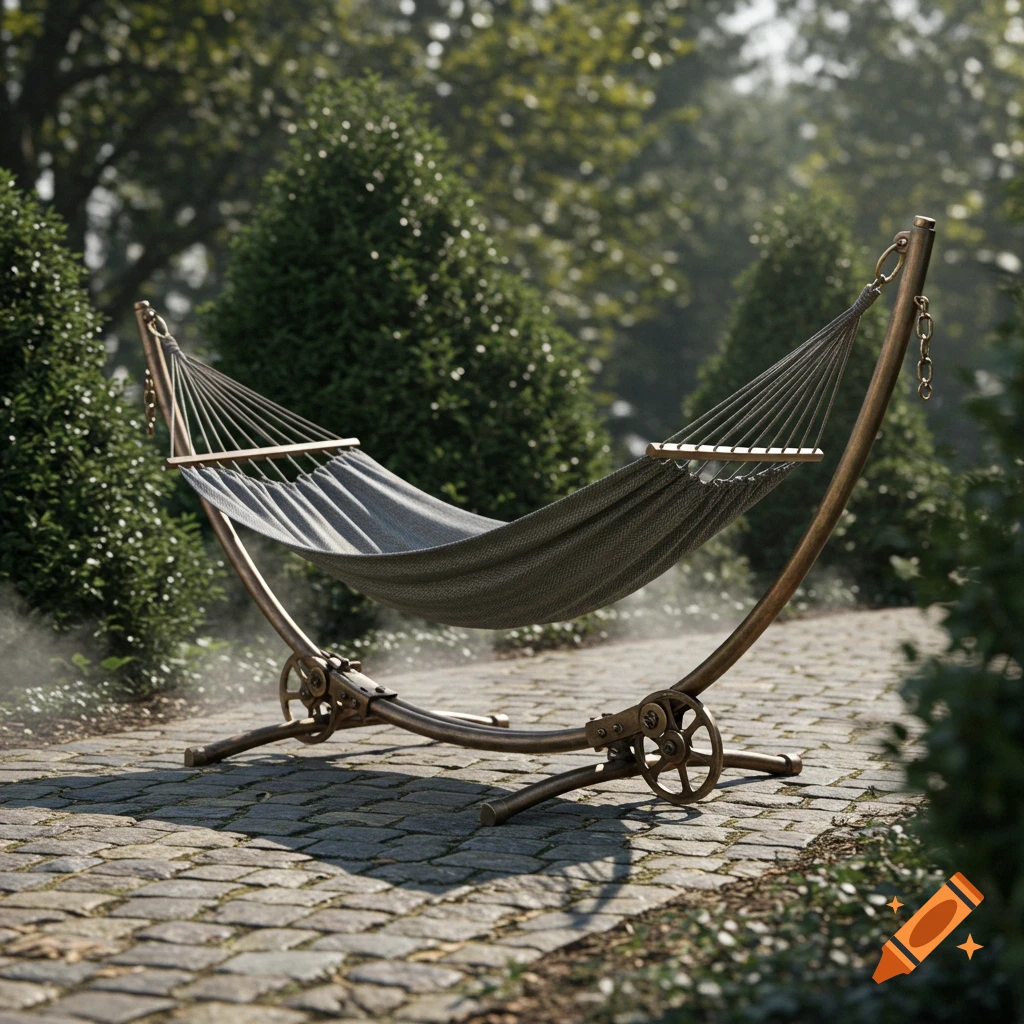 A photorealistic steampunk hammock stand with metal gears sits on a stone path in a lush green garden.