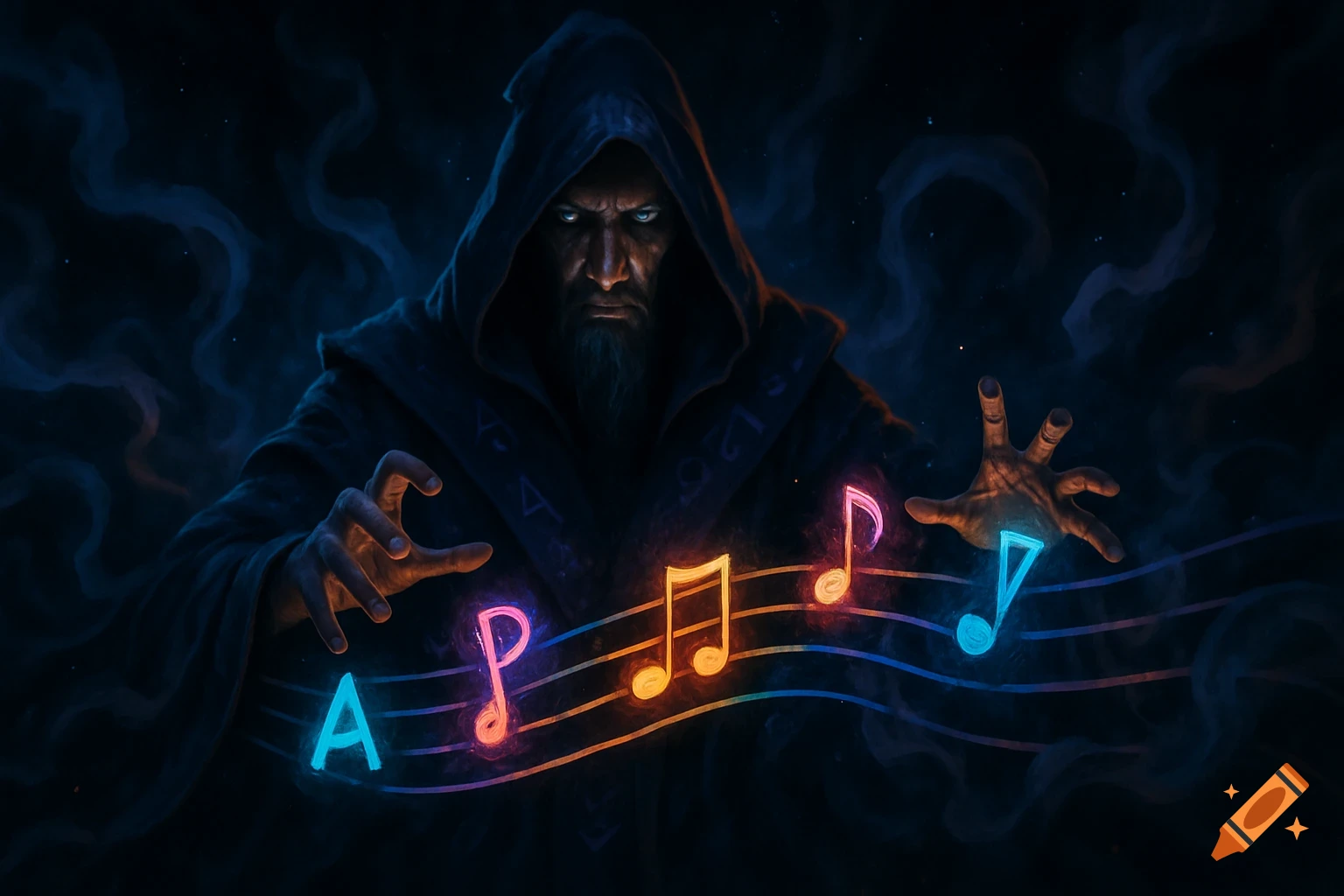 A dark hooded wizard with glowing eyes gazes intensely, hands outstretched over glowing neon musical notes and a letter 'A' on a dark, smoky background.