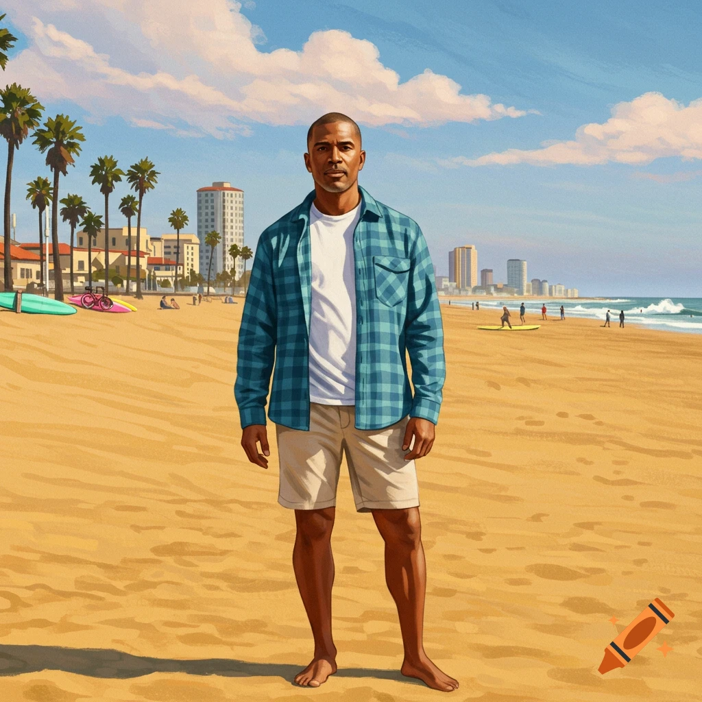 A dark-skinned man in a plaid shirt and shorts stands on a sunny beach with palm trees and buildings in the background, digital art style.