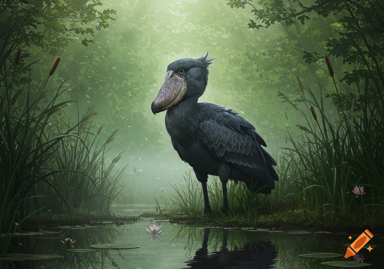 A large, dark shoebill stork-like bird stands in a misty green swamp with water lilies, surrounded by tall grass and trees.