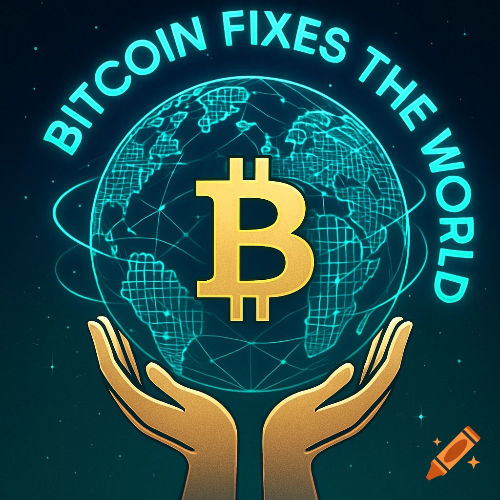 Stylized golden hands hold a glowing blue globe with a Bitcoin logo and the text 'BITCOIN FIXES THE WORLD' in a graphic design.