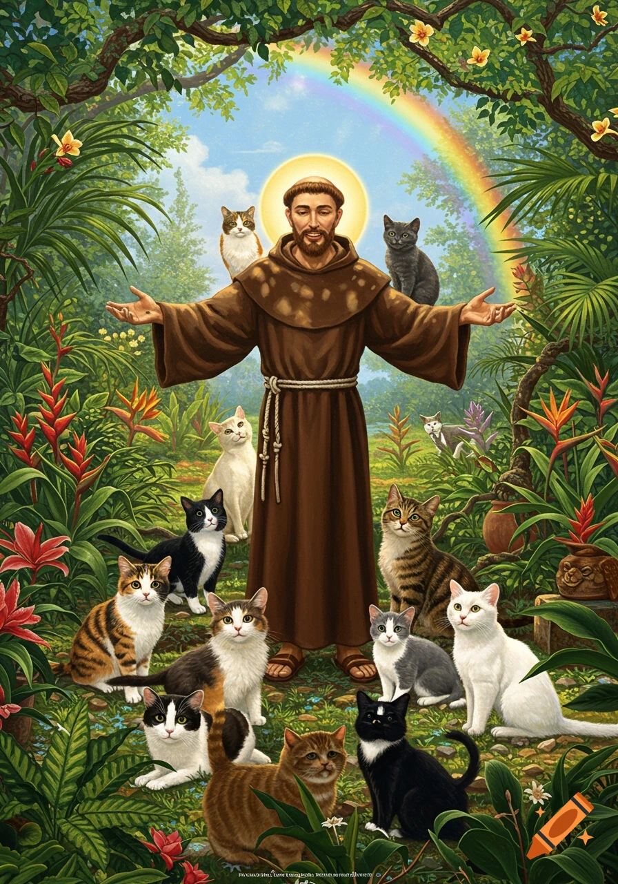 Saint Francis stands with outstretched arms in a lush tropical garden, surrounded by various cats under a rainbow.
