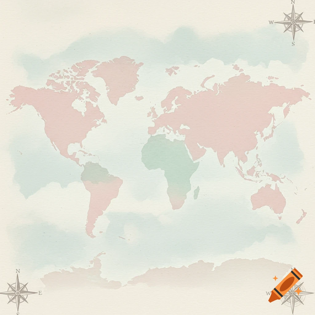 A watercolor world map with land masses in faded pink and light green, against a light background with subtle blue-green washes and compass roses in the corners.
