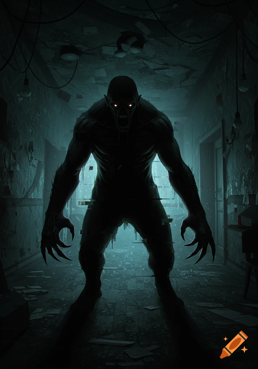 A dark, monstrous creature with glowing red eyes and long claws stands in a glitching, eerie hallway.