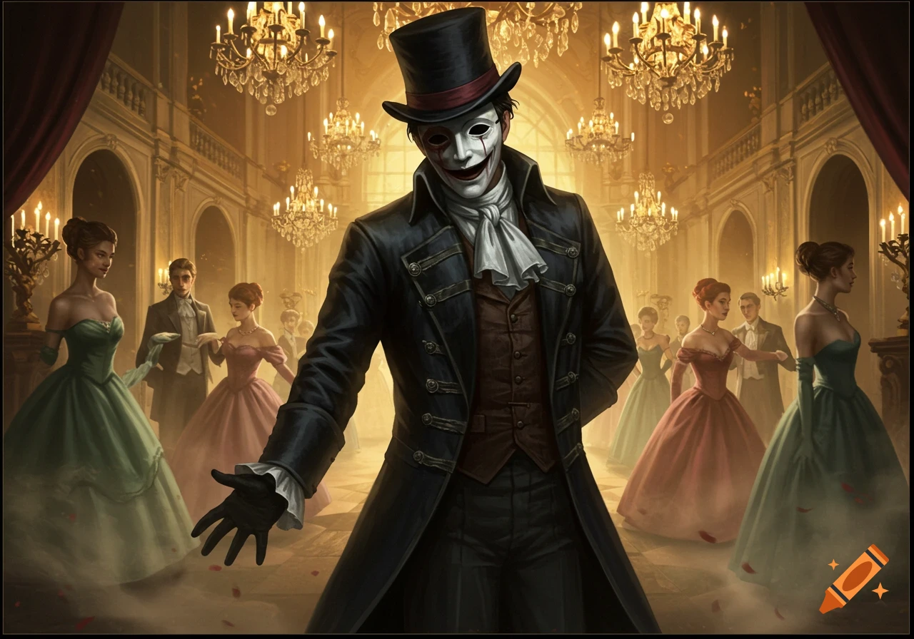 A masked man in a black top hat and Victorian suit extends a hand in a grand ballroom filled with chandeliers and other guests.