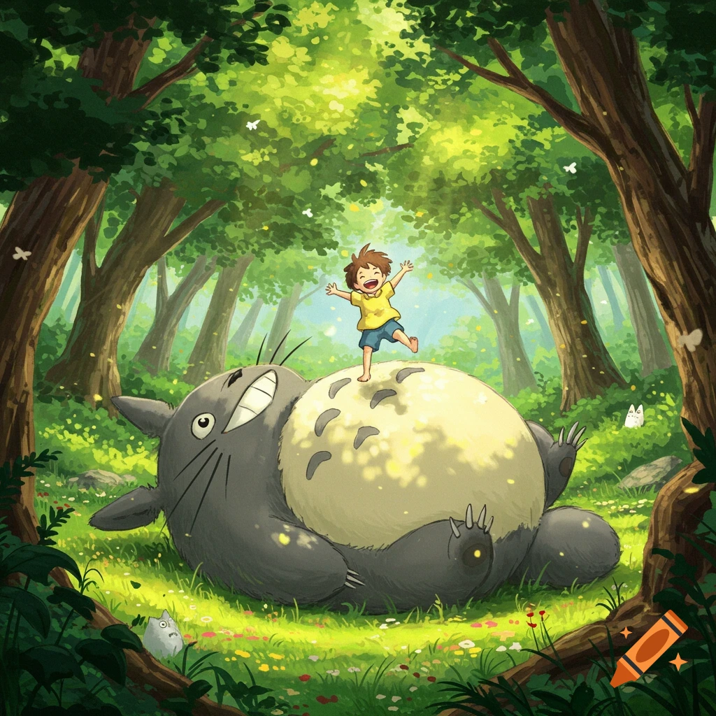 A happy child bounces on a giant grey Totoro's belly in a vibrant, sunlit green forest, stylized.