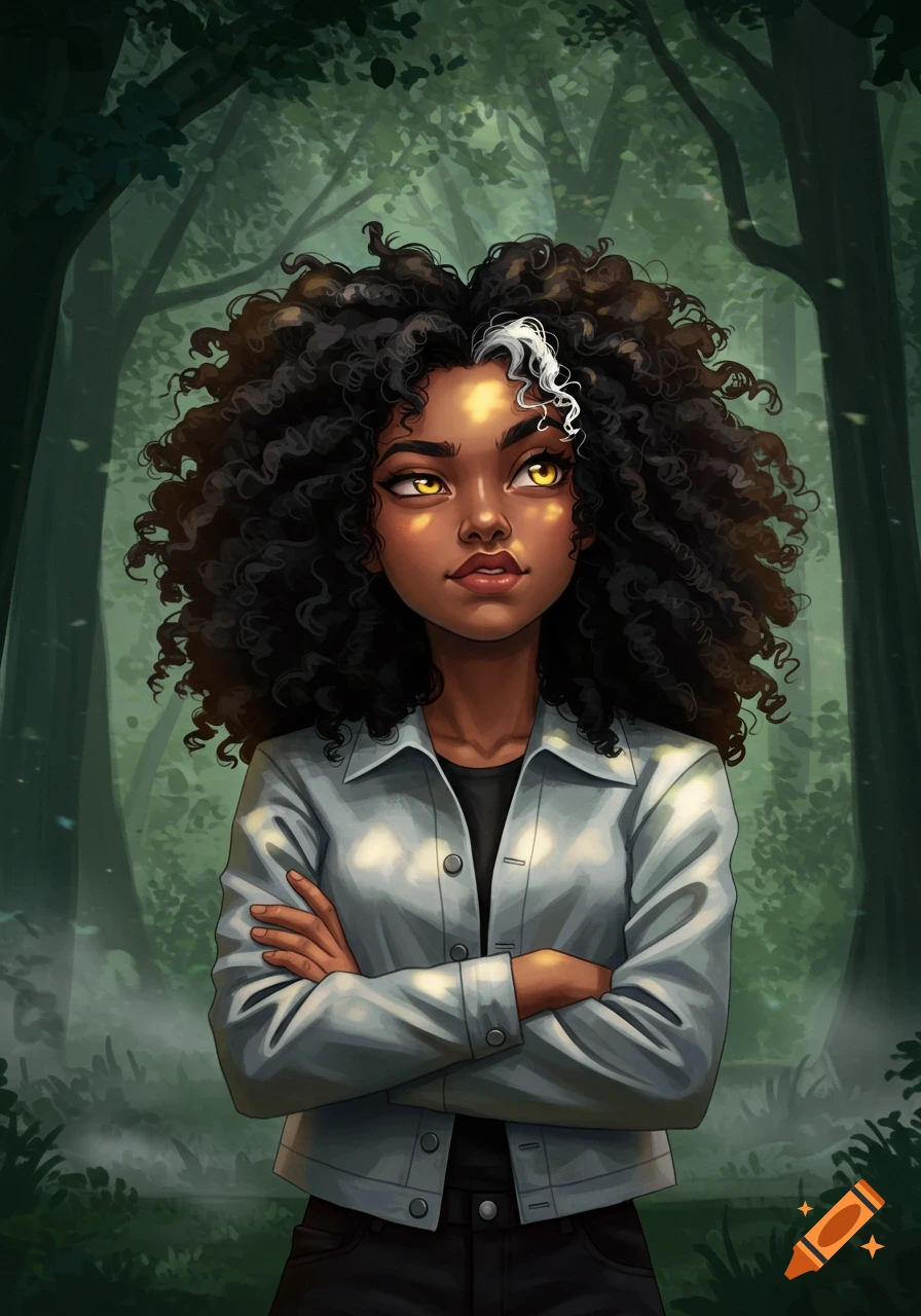 A stylized illustration of a young woman with curly black hair and a white streak, yellow eyes, standing with arms crossed in a forest.