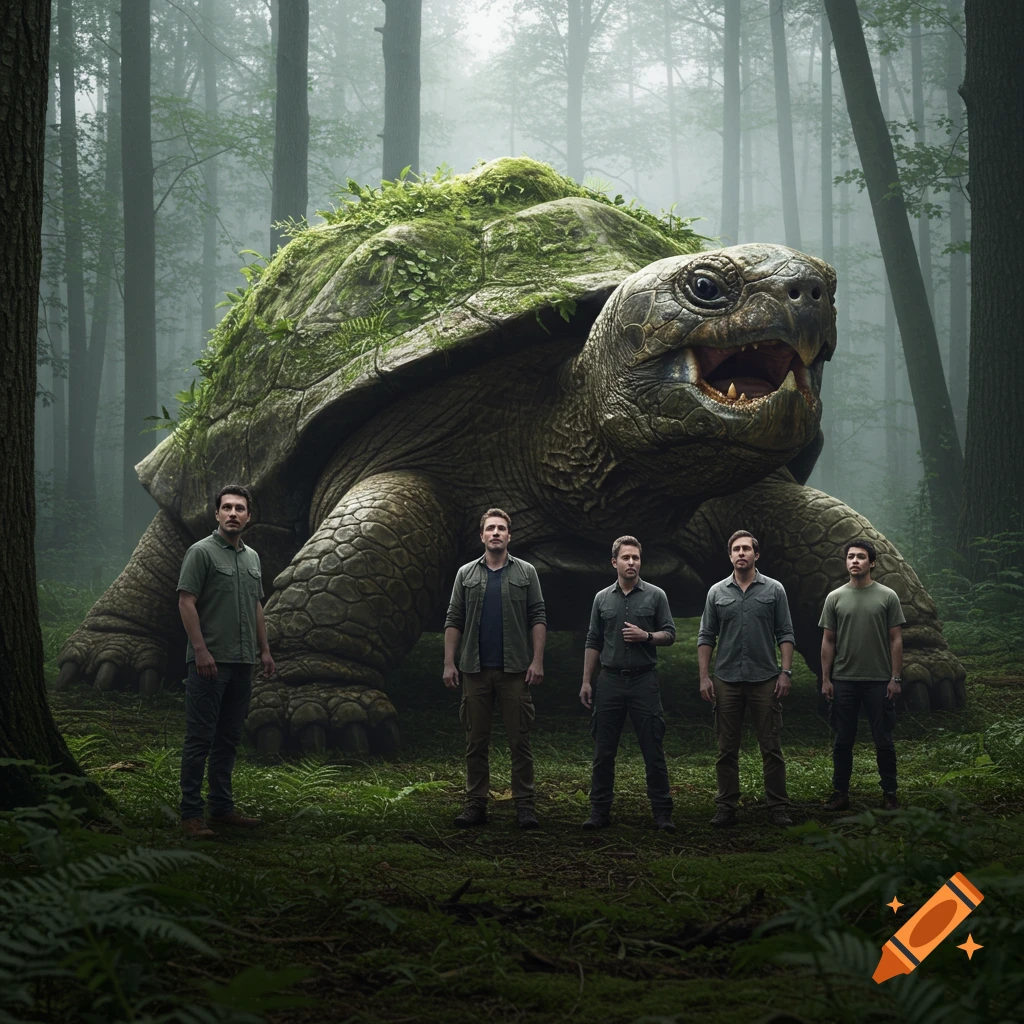 Five men stand in a foggy forest before a colossal, moss-covered turtle with jagged teeth, photorealistic style.