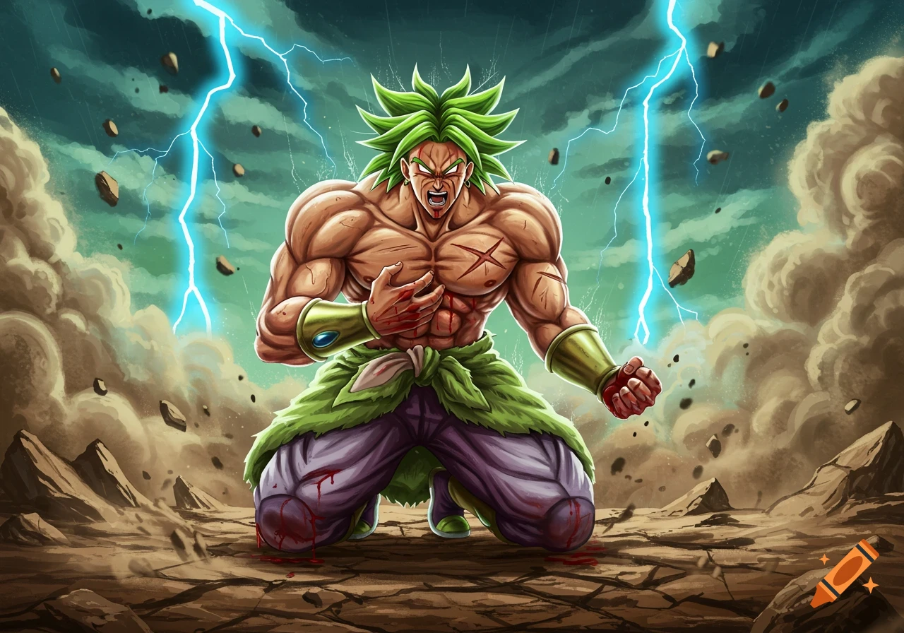 Green-haired Broly kneels in pain, bleeding from chest, hands, and knees, as lightning strikes in a stormy landscape.