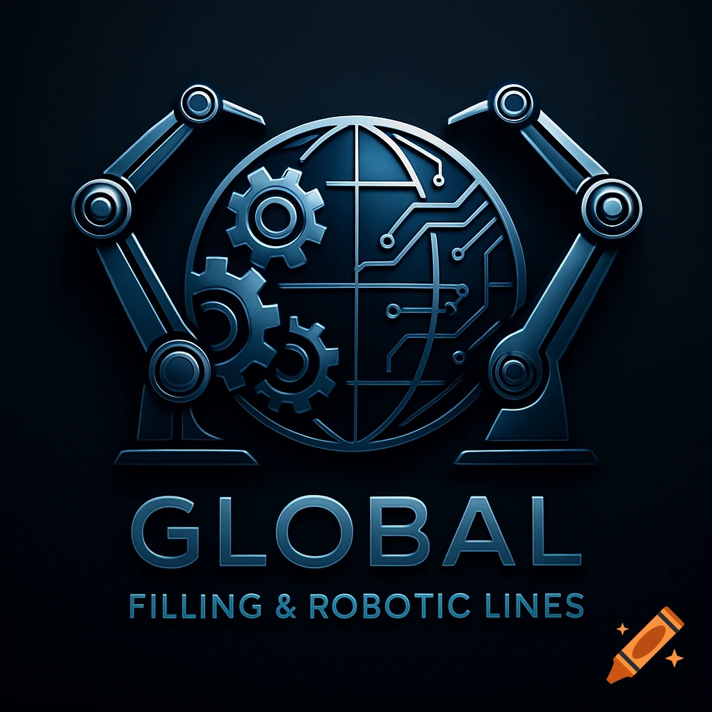 Metallic blue logo featuring robotic arms, gears, a globe with circuit lines, and 'GLOBAL FILLING & ROBOTIC LINES' text.