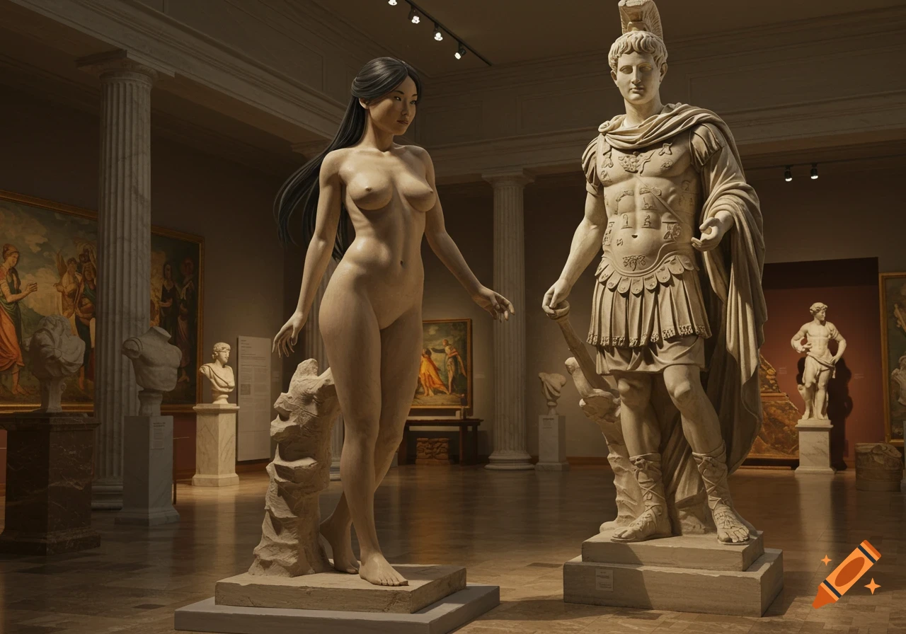 Photorealistic image of a nude female statue and a male Roman general statue standing in a museum.