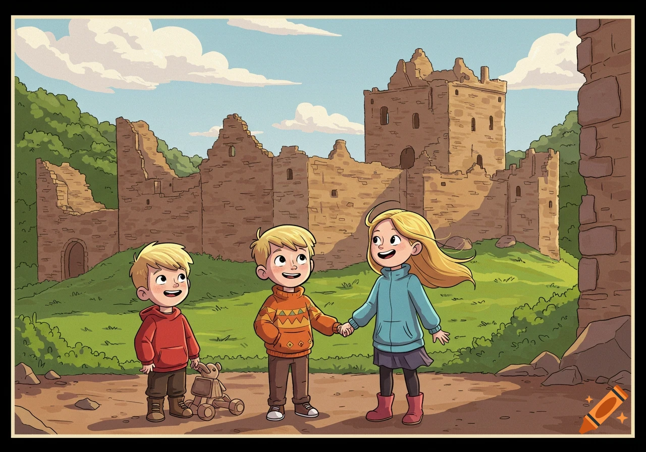 Cartoon image of three blonde children standing on a path in front of ancient castle ruins and green hills under a blue sky.