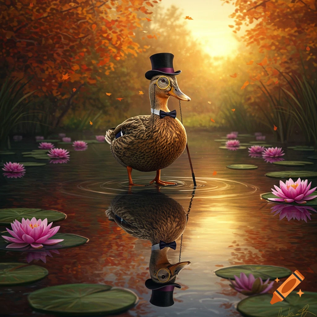 A dapper duck in a top hat, monocle, and bow tie stands in an autumn pond with water lilies at sunset, digital art.