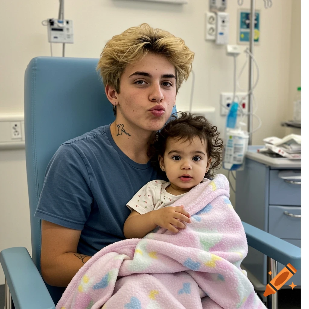 A young man with blonde hair and a neck tattoo puckers his lips while holding a baby wrapped in a pink blanket in a hospital room.