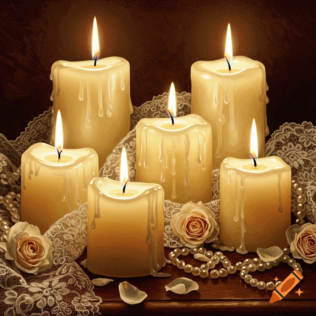 Close-up of six cream-colored candles with melting wax and glowing flames, surrounded by white lace, light pink roses, and pearl beads on a dark wooden surface.