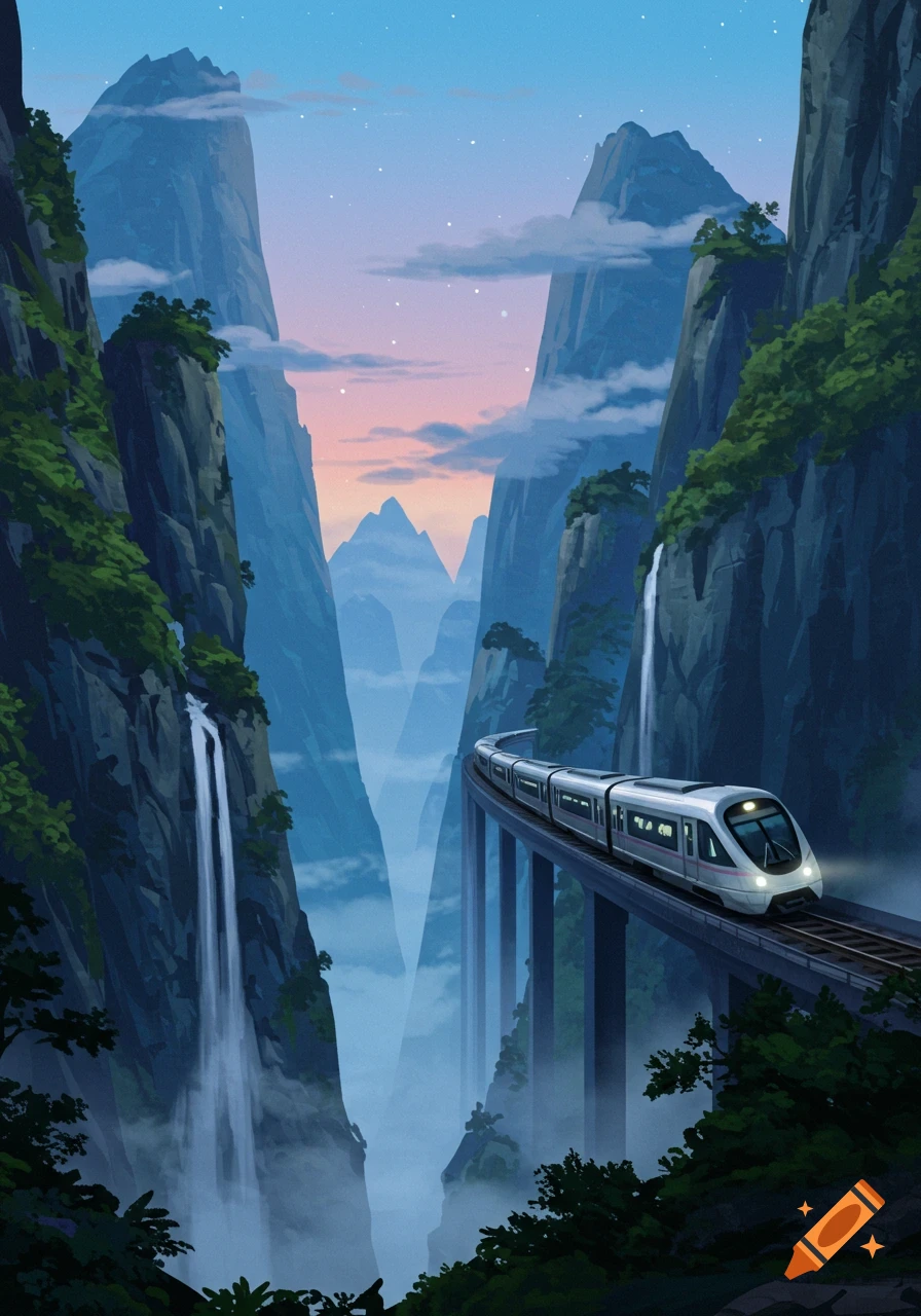 A stylized illustration of a modern train on a viaduct winding through a dramatic mountain valley with waterfalls at sunset.