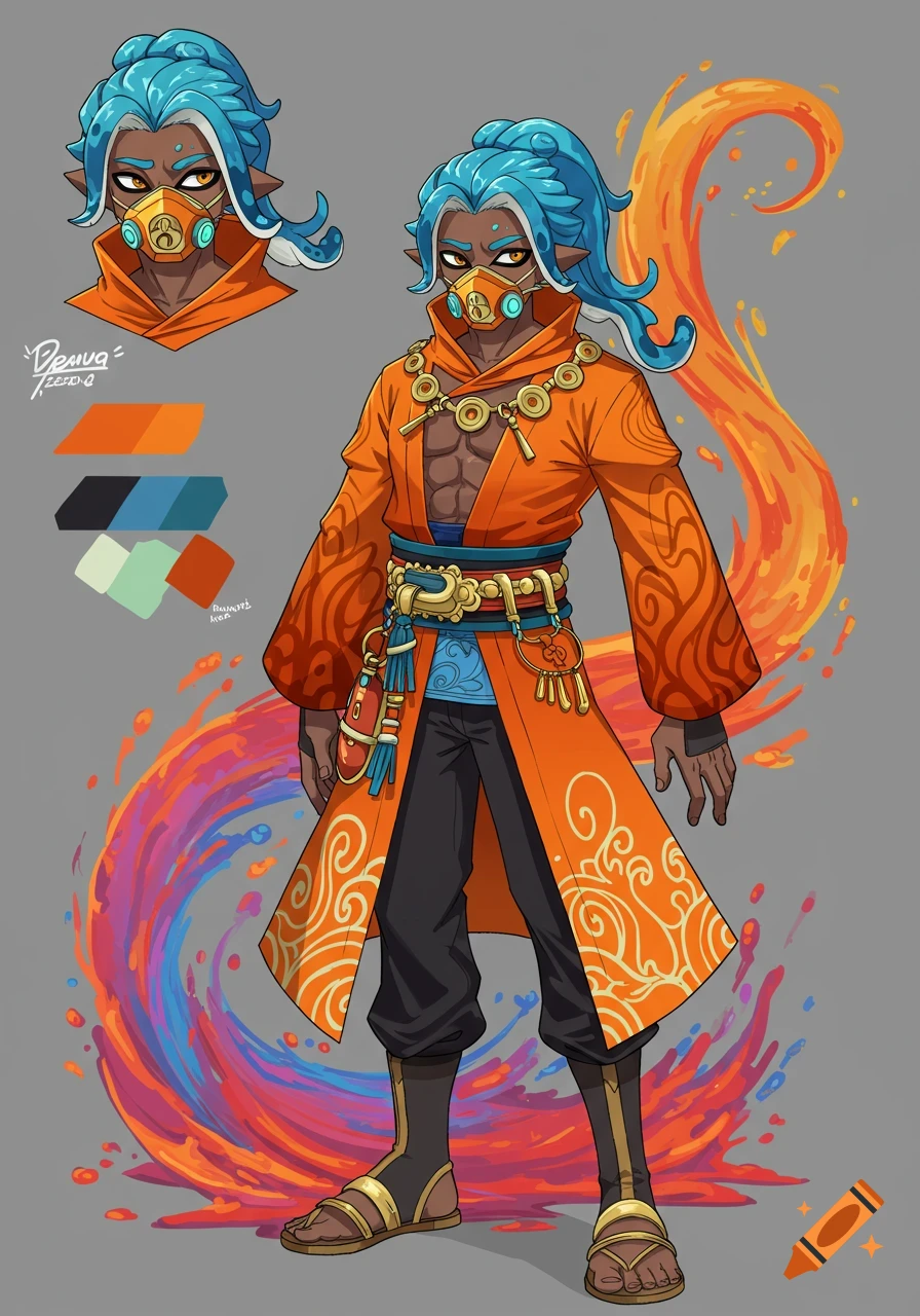 Full-body anime character design of a dark-skinned male with blue hair, an orange robe, a facemask, and gold accessories, with colorful energy.