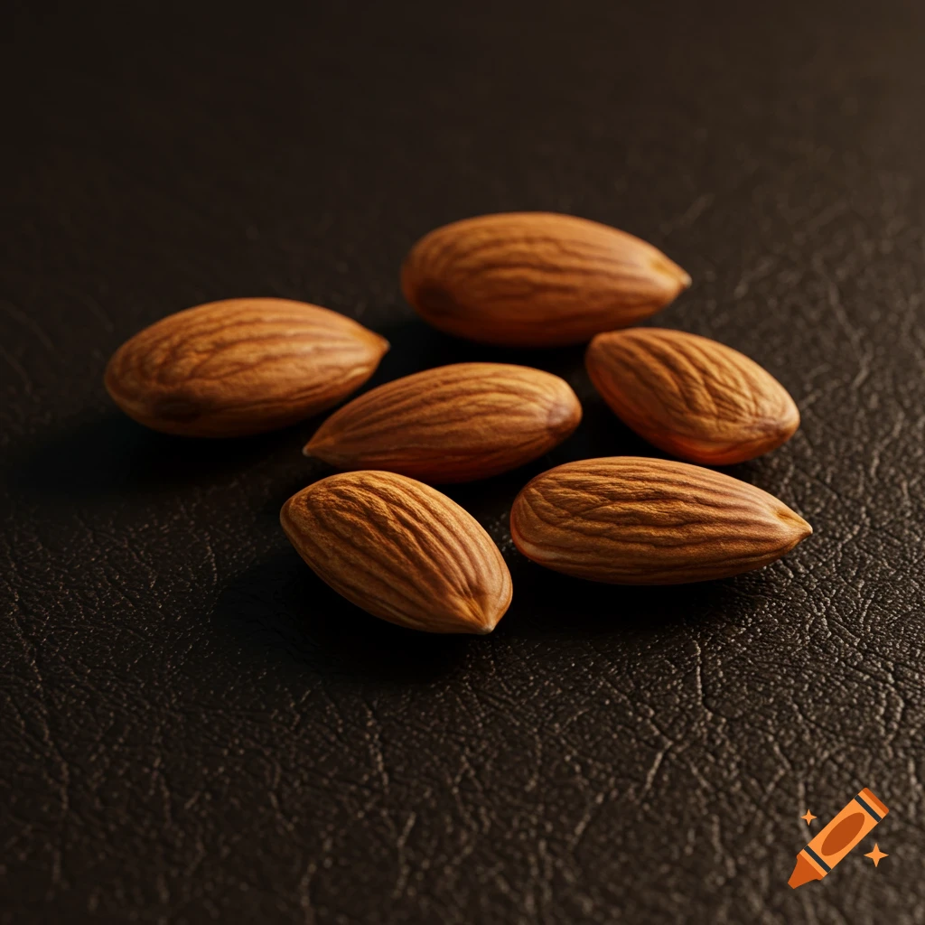 Six whole almonds scattered on a dark brown leather surface, lit from above.