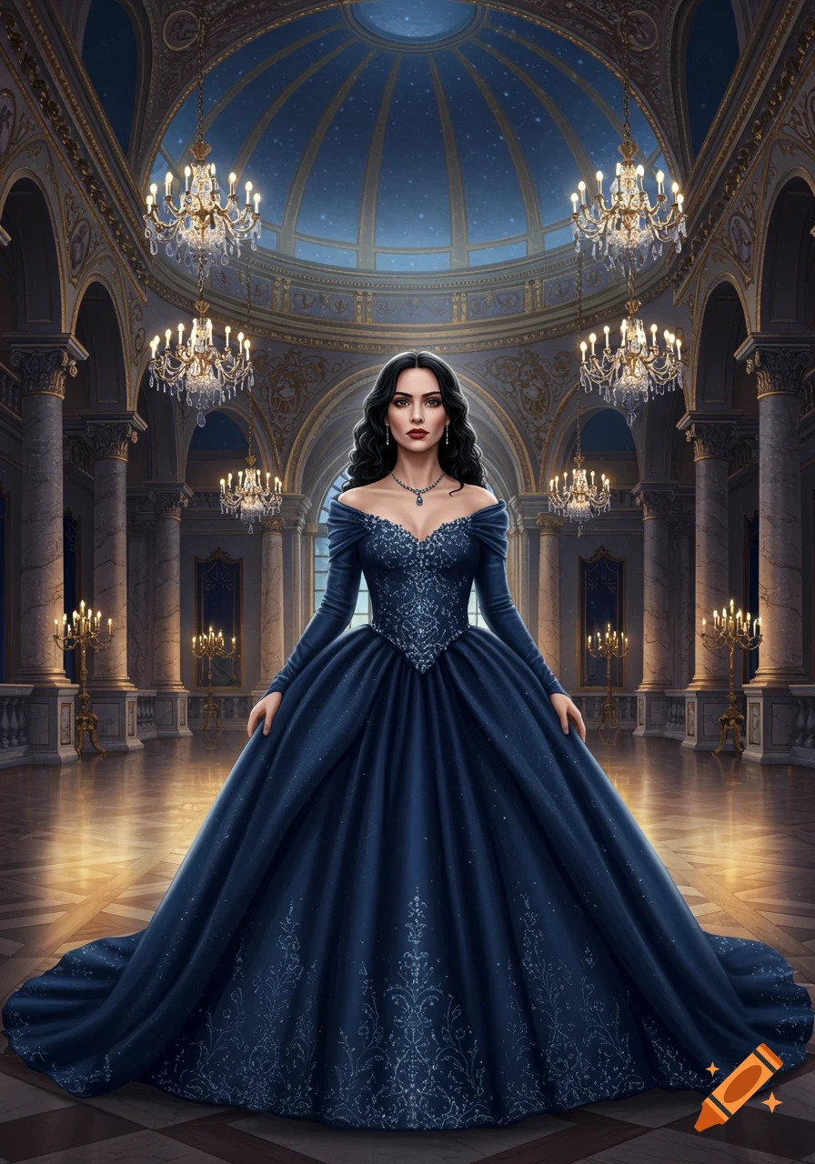 A woman with dark hair in a long, dark blue, off-the-shoulder gown with intricate silver patterns stands in a grand ballroom under a starry dome.