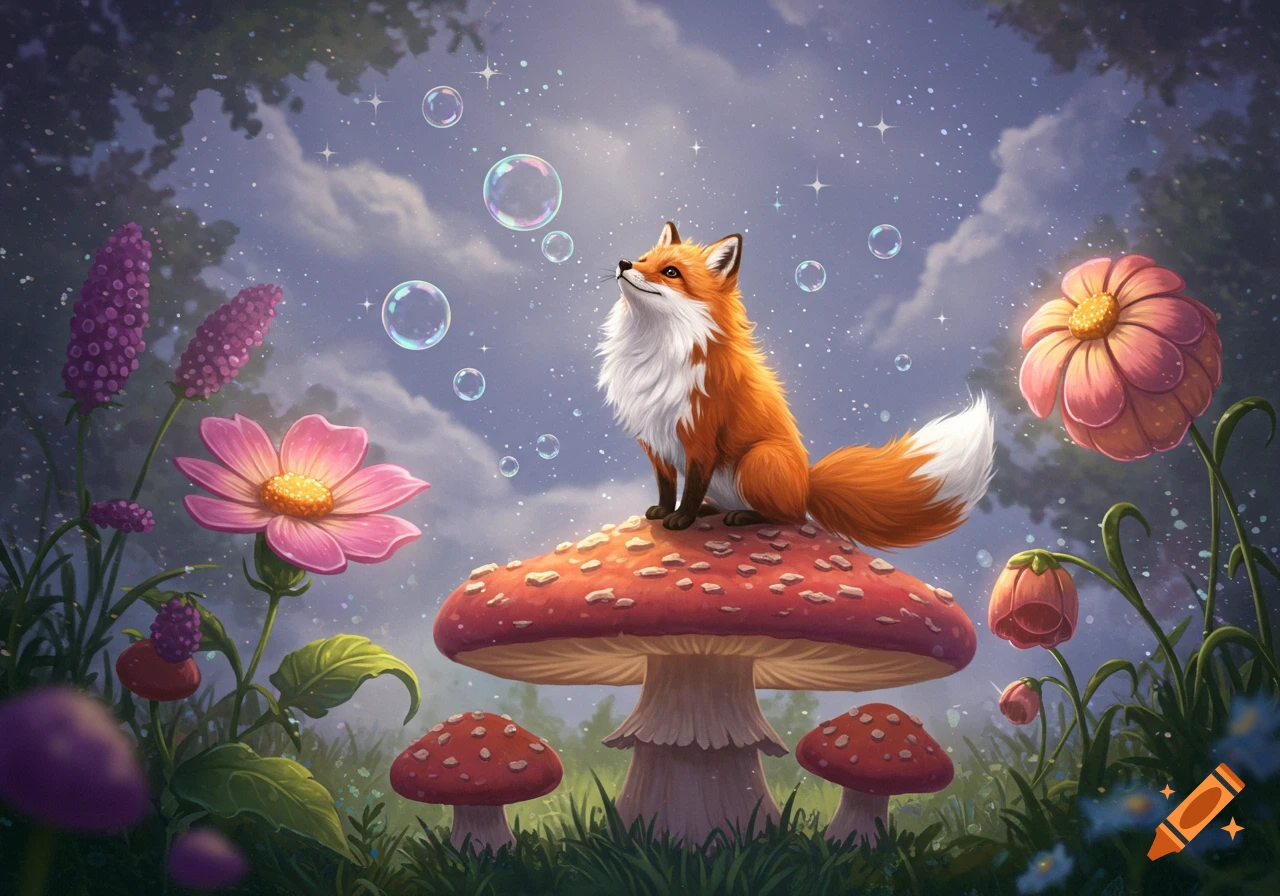 A charming fox sits atop a large red mushroom in a magical forest scene with pink flowers, floating bubbles, and sparkling light.
