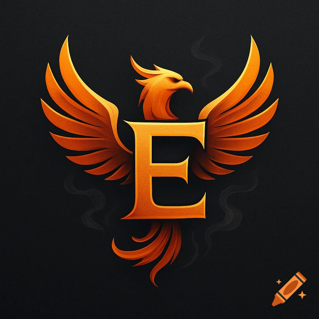 Stylized orange phoenix logo with the letter E prominently integrated into its body, on a dark textured background.