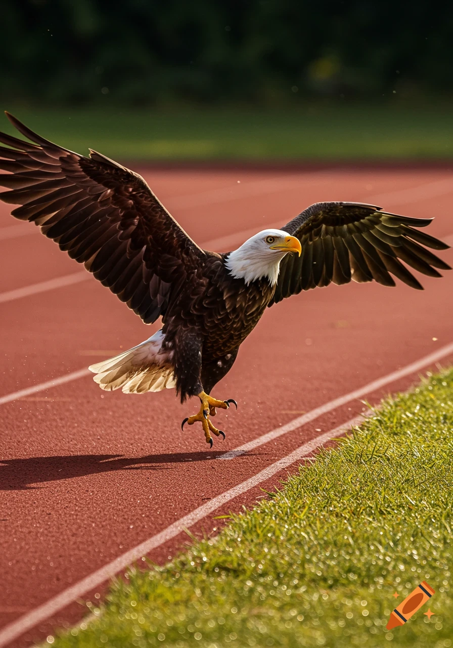 A majestic bald eagle with wings spread wide, seemingly landing or taking off from a red running track, with green grass beside it.