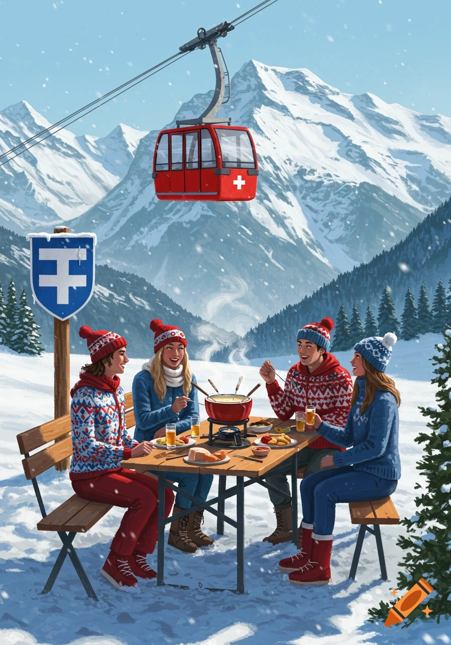 An illustration of four people enjoying fondue at a wooden table in the snow, with a red ski lift gondola and snowy mountains in the background.