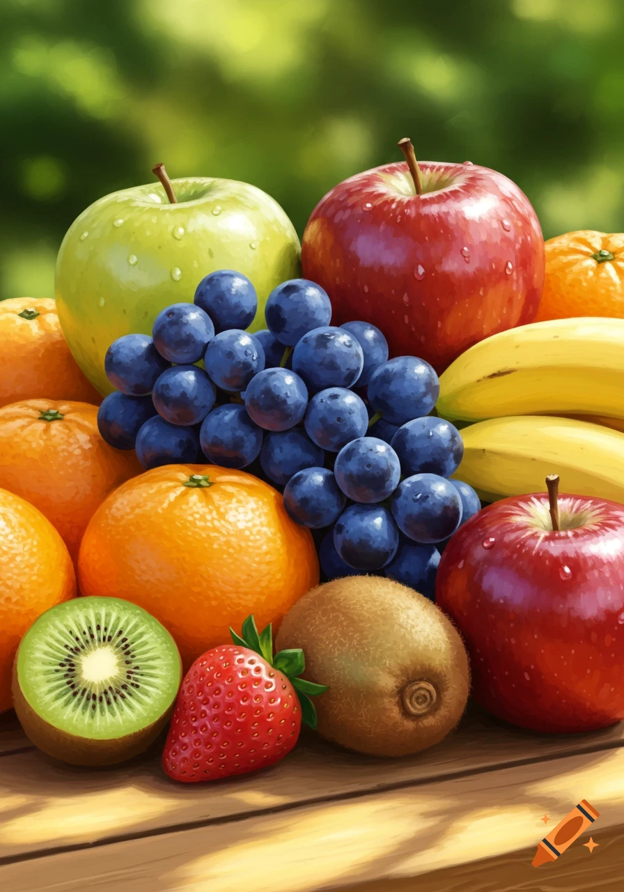 A vibrant assortment of fresh fruits including apples, oranges, grapes, bananas, kiwi, and a strawberry, on a wooden surface outdoors.