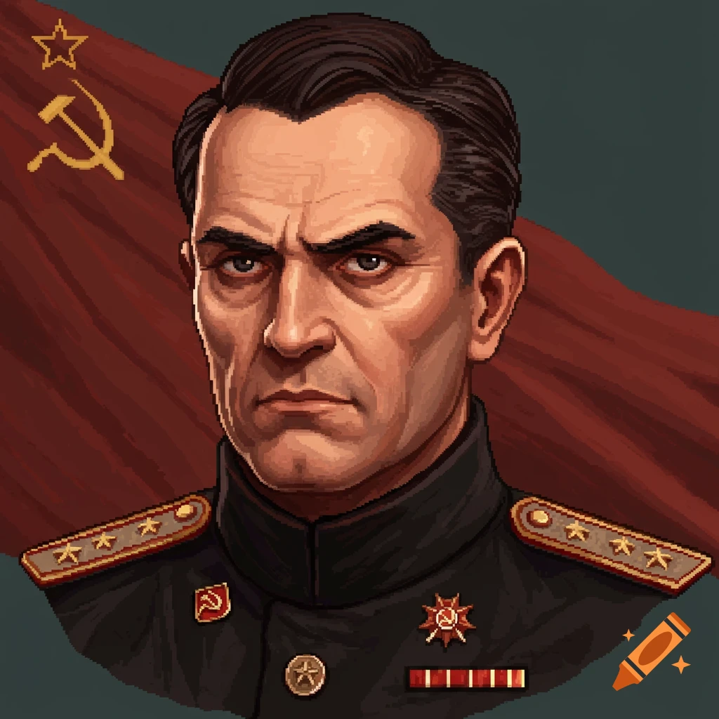 Pixel art portrait of a stern-faced man in a dark Soviet military uniform with medals, against a red Soviet flag.