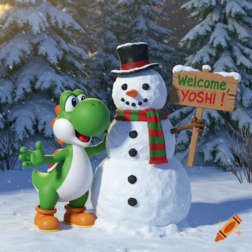 Yoshi stands next to a snowman holding a "Welcome, YOSHI!" sign in a snowy forest.