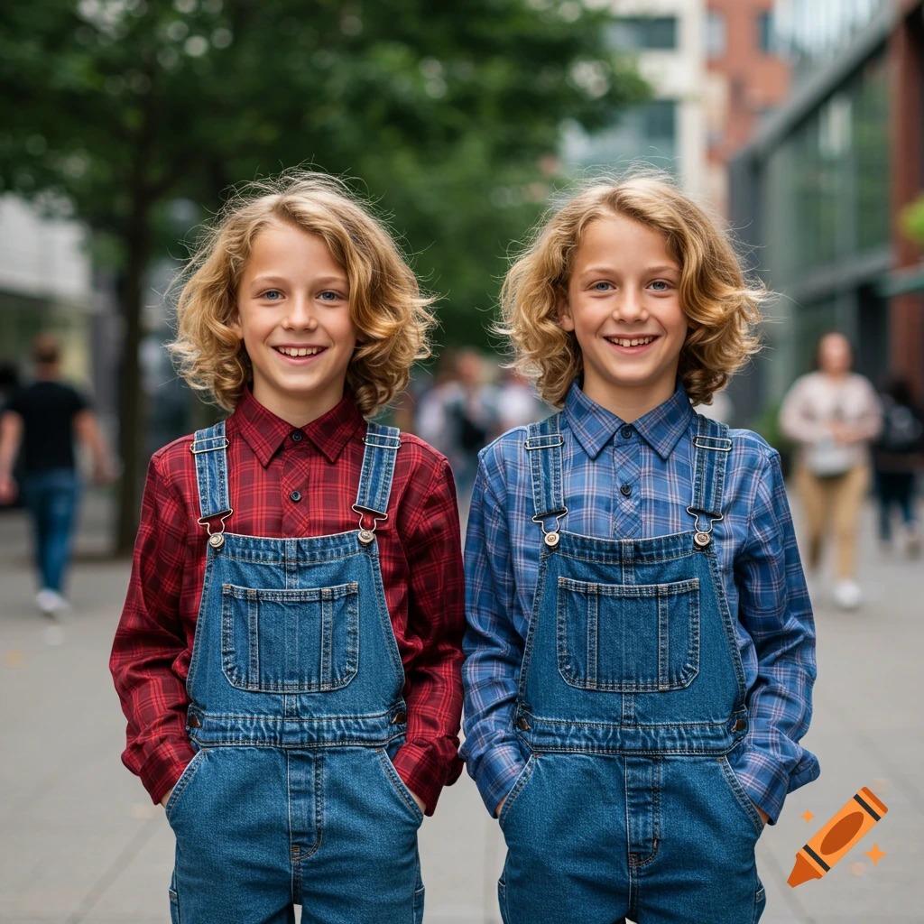 Two smiling identical twin boys with wavy blond hair and blue eyes stand on a city street, wearing denim overalls and plaid shirts.