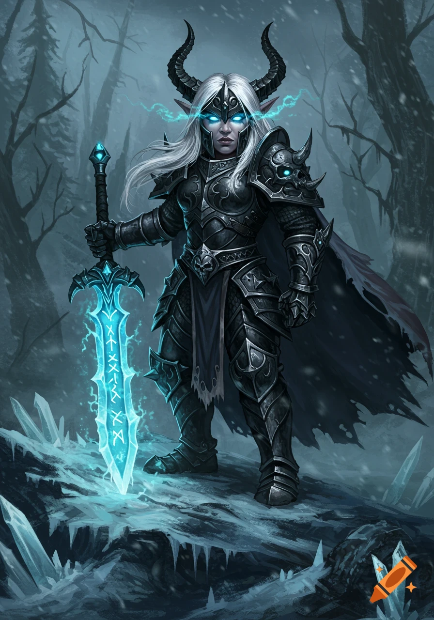 A female fantasy warrior with white hair, glowing blue eyes, and horned black armor holds a glowing runic sword in a snowy forest.