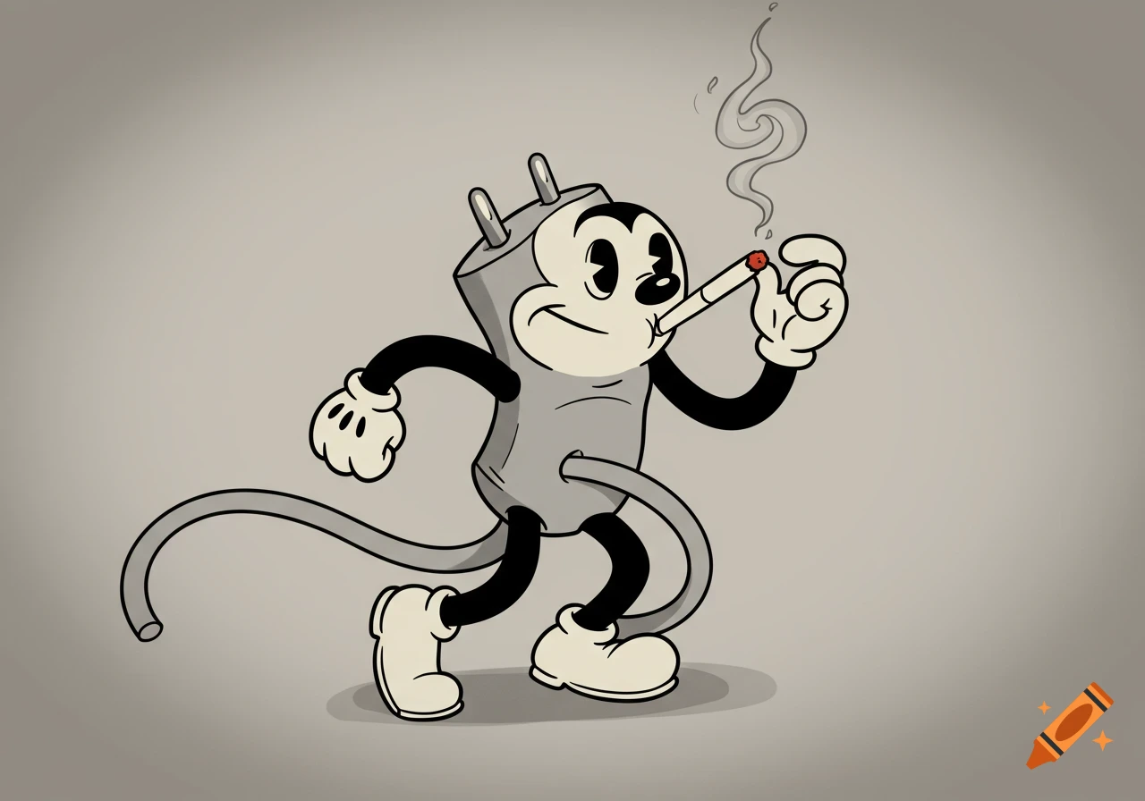 A gray rubberhose style cartoon character resembling an electrical plug walks while smoking a cigarette.