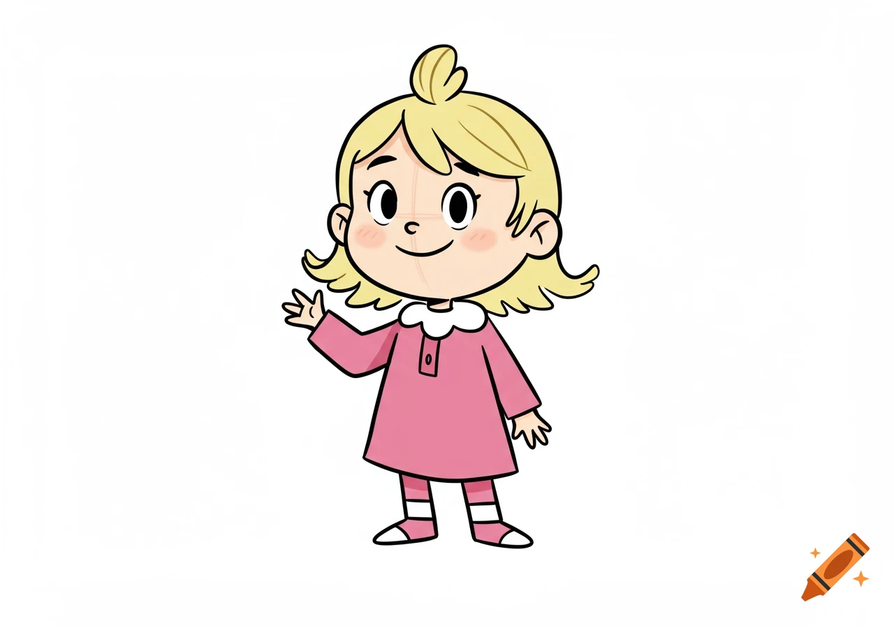 A cartoon girl with blonde hair and a pink dress, in the style of Charlie and Lola, waves with a smile on a white background.