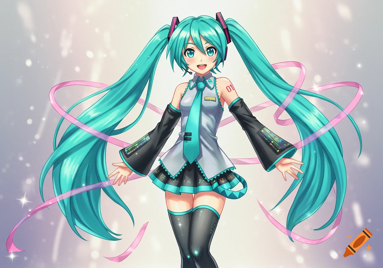 Hatsune Miku with long teal pigtails, wearing a grey shirt, teal tie, black sleeves, and a black skirt, surrounded by pink ribbons and sparkles.