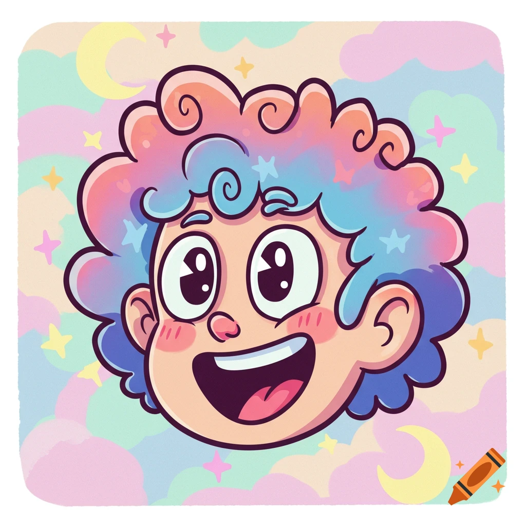 A cheerful cartoon head with multi-colored curly hair, big eyes, and a wide smile, set against a pastel background with clouds, stars, and moons.