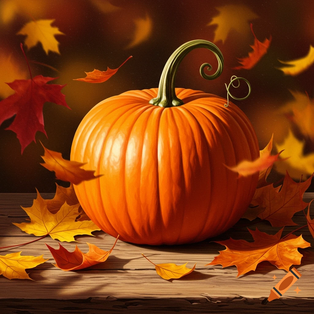 A vibrant orange pumpkin sits on a wooden surface, surrounded by falling red and yellow autumn leaves.