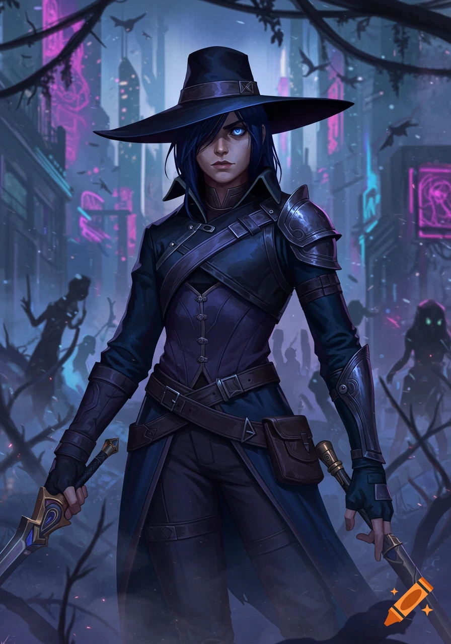 A dark fantasy character with a wide-brimmed hat, blue hair, and glowing eyes, holding swords on a neon-lit cyberpunk street.