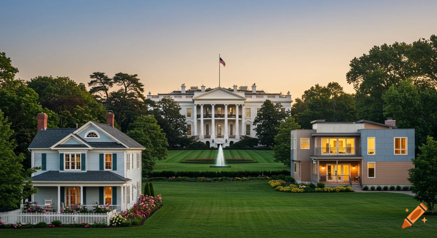 Photorealistic scene of the White House on a green lawn between a light blue family home and a modern house at sunset.