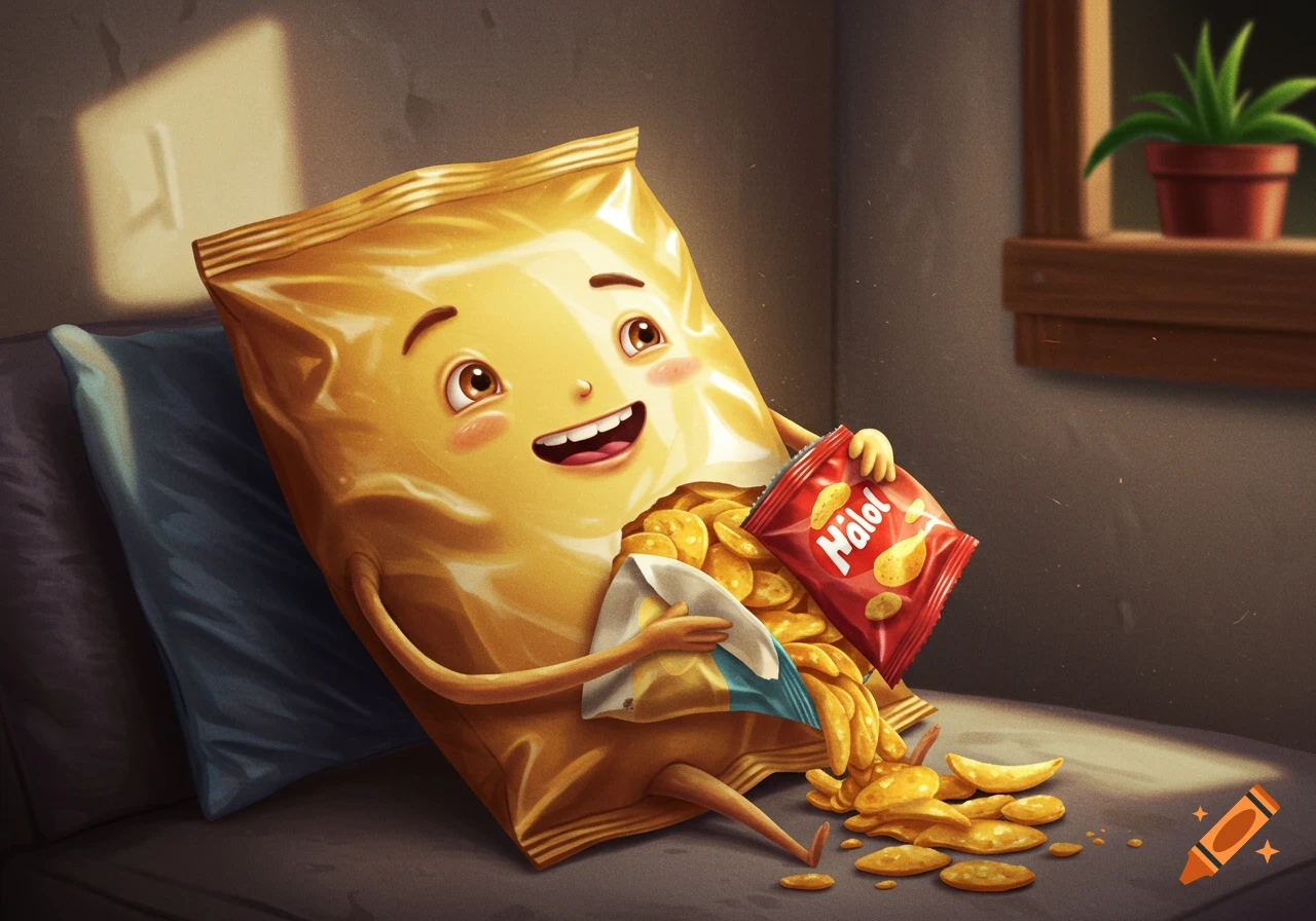 A vibrant cartoon illustration of a smiling anthropomorphic potato chip bag sitting on a couch, spilling chips from another bag.