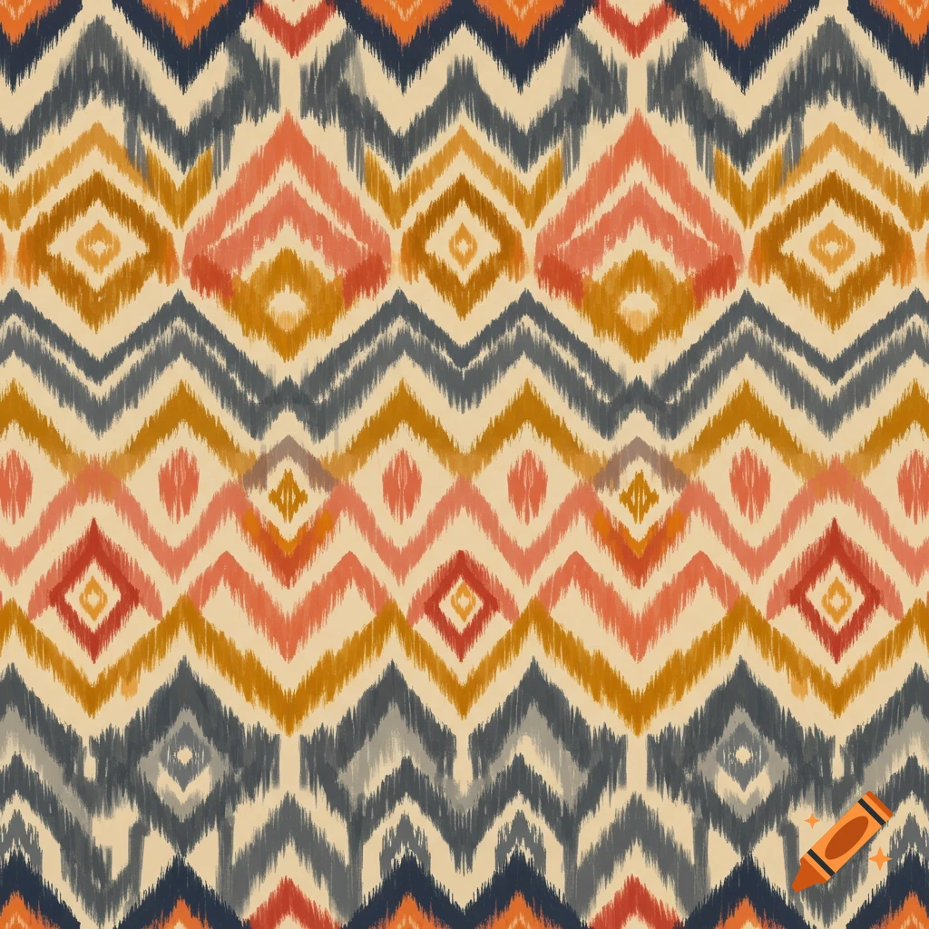 Colorful ikat pattern with zigzags and diamond shapes in cream, orange, red, and blue-grey.