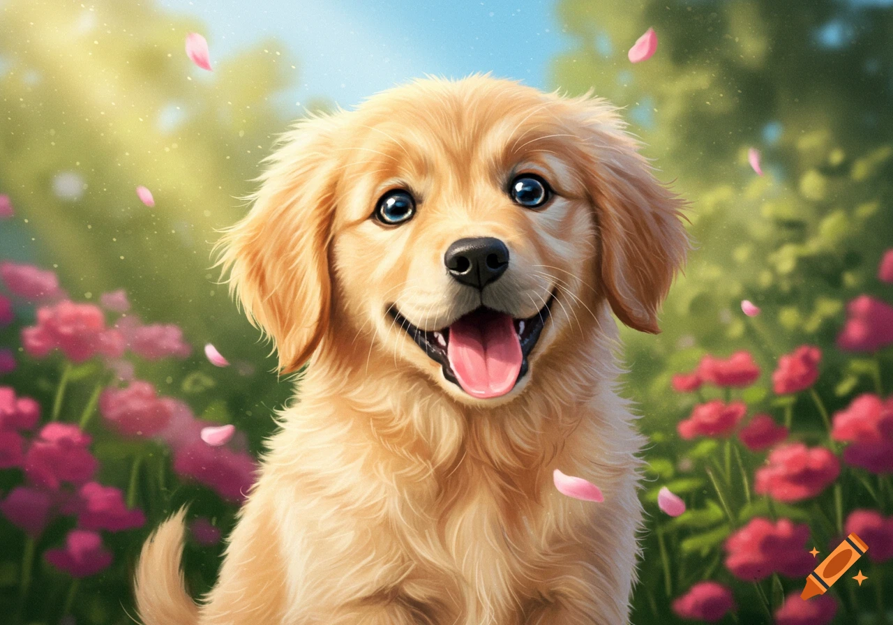 An adorable illustrated golden retriever puppy with bright blue eyes smiles in a sunny garden with pink flowers and falling petals.