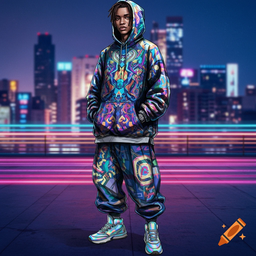 Stylized illustration of a man in colorful abstract patterned oversized streetwear against a blurred neon cityscape at night.