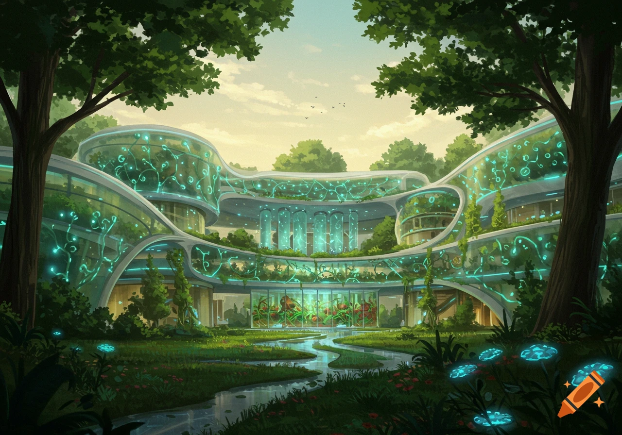 A vibrant digital painting of a futuristic bio institute with glass walls, glowing blue patterns, and lush green gardens, surrounded by trees and a stream.